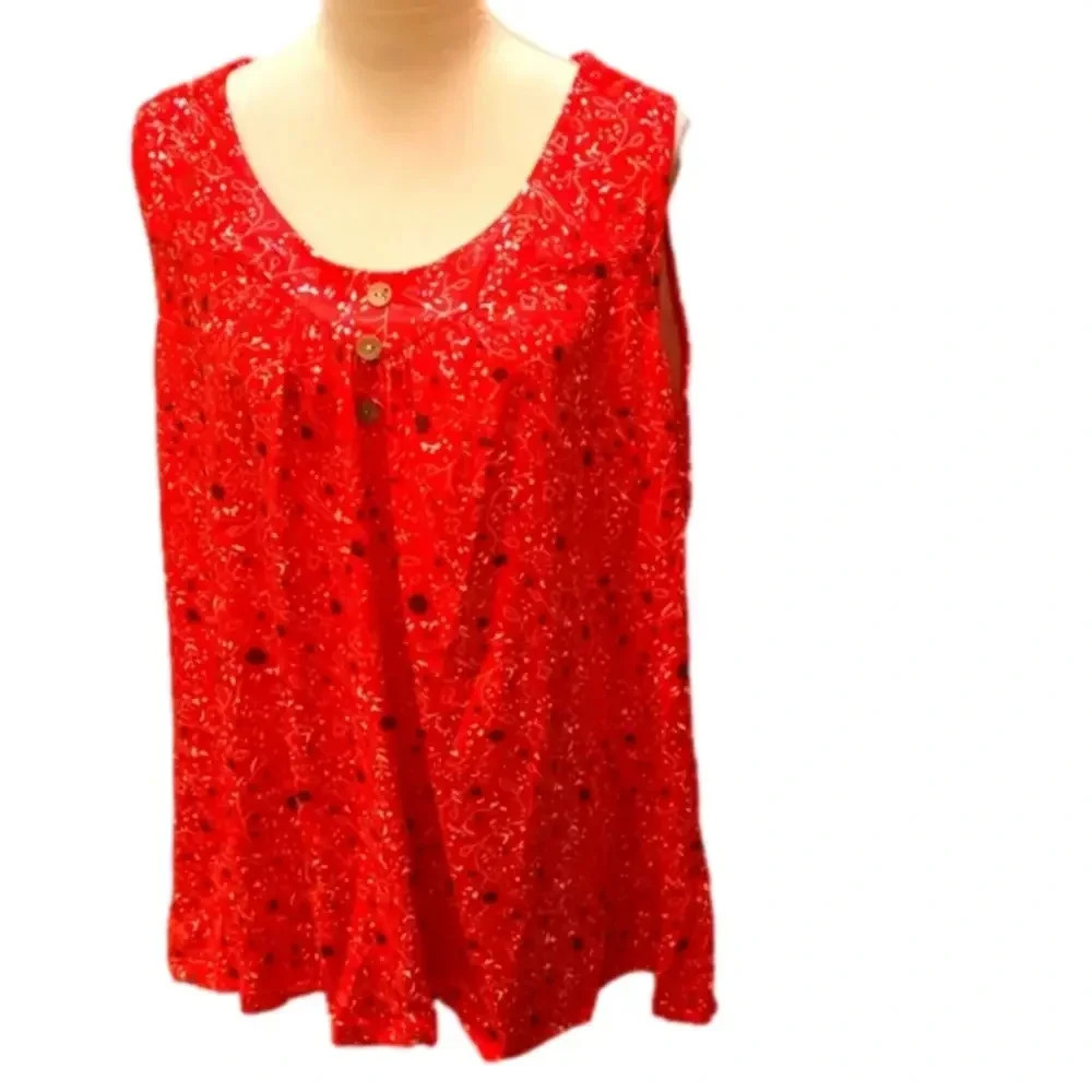 Ditsy Floral Print Red Tank Top Size 3XL (18W) Tunic Length Round Neck Stretch